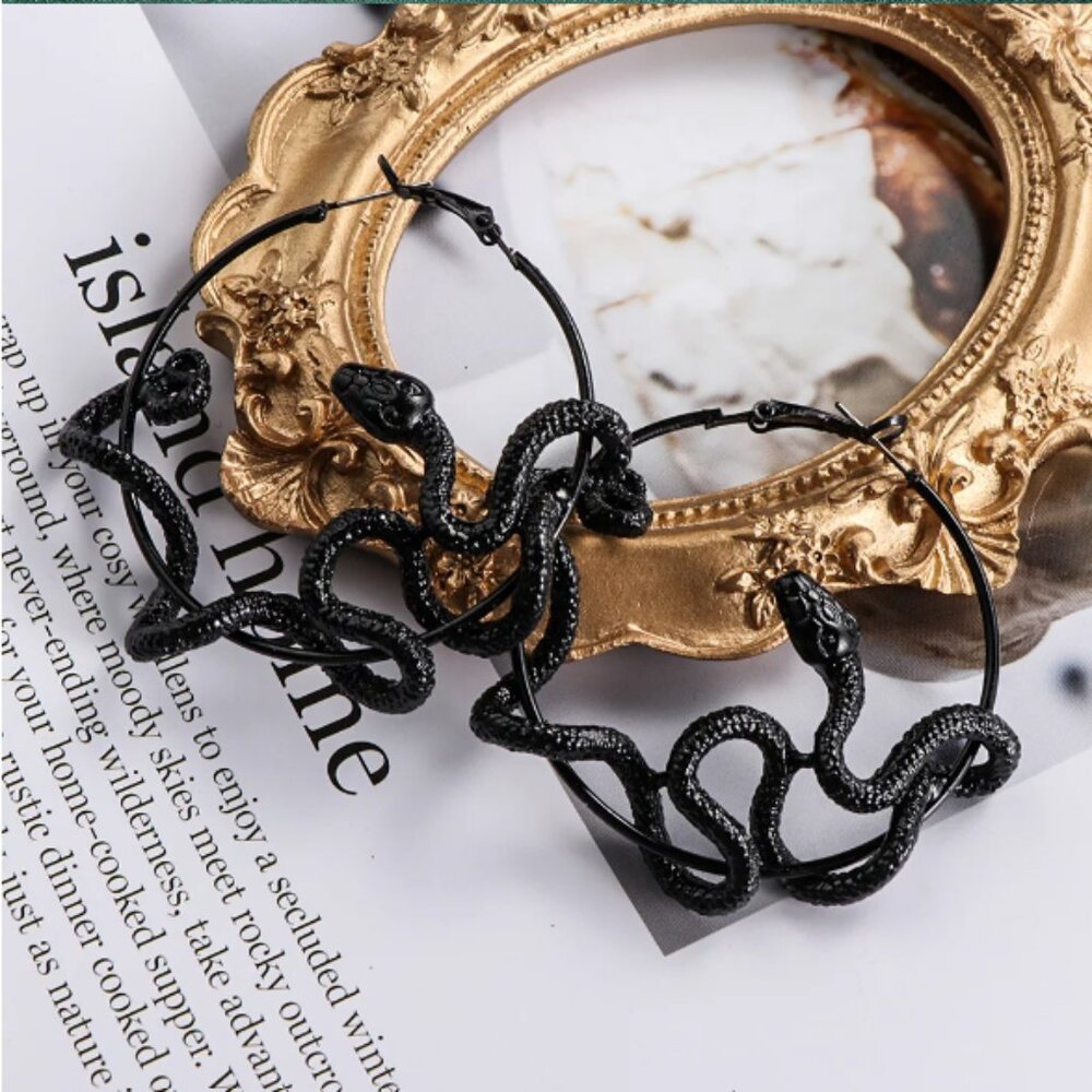Large Black Gothic Snake Hoop Earrings Statement Punk